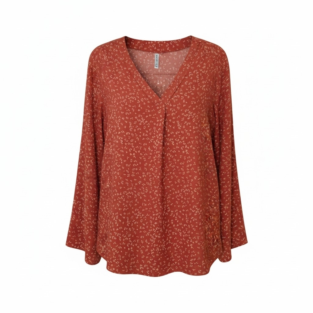 QUE ZHU Burnt Orange Printed V-Neck Blouse - Size L - Roll-Tab Sleeves